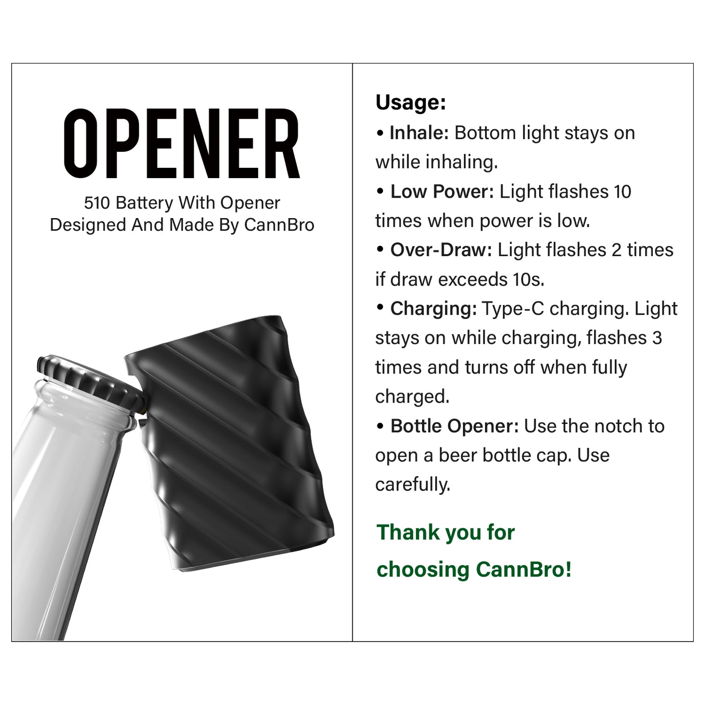 CannBro Luxury Metall 510 Opener Zugaktivierte Vape-Batterie – Schwarz