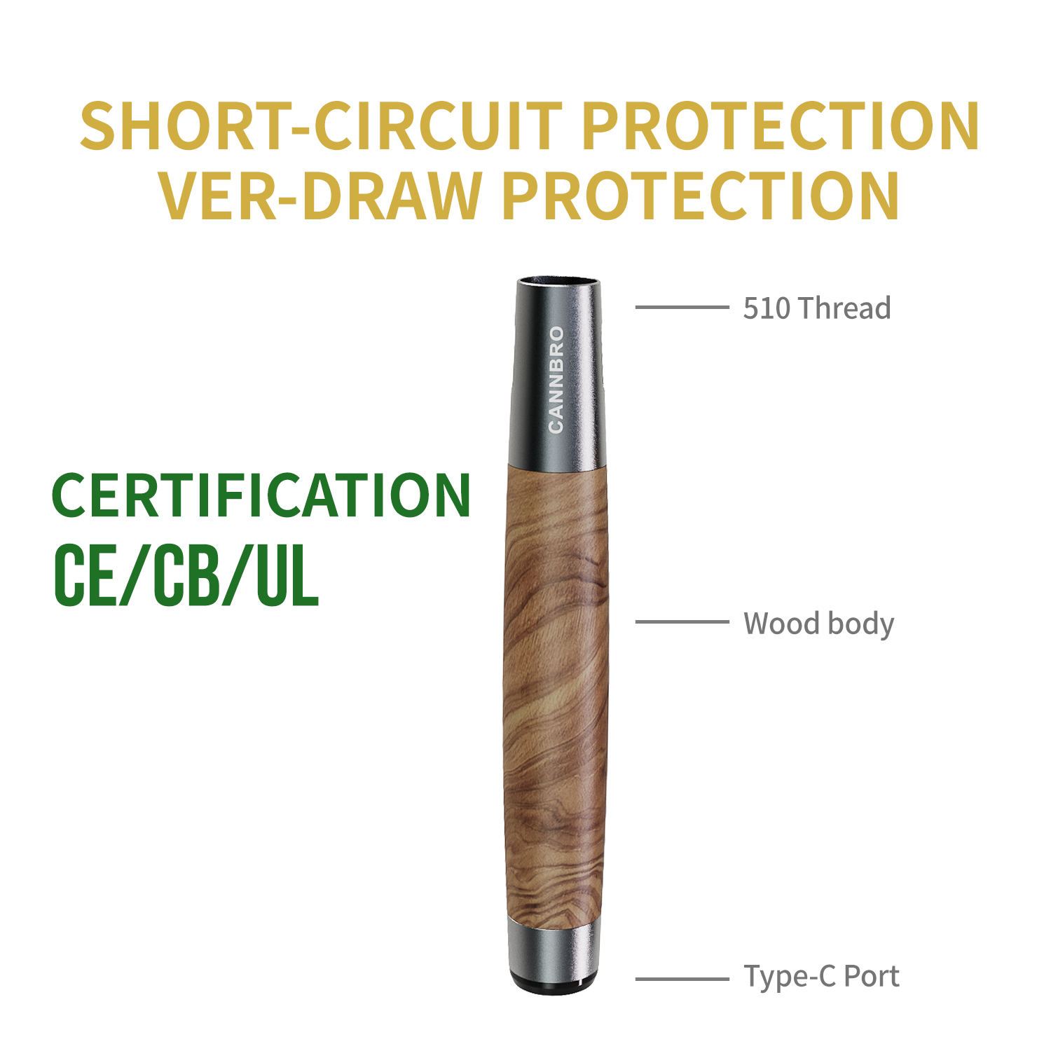 Batterie de vape CannBro Premium Wood 510 activée par aspiration