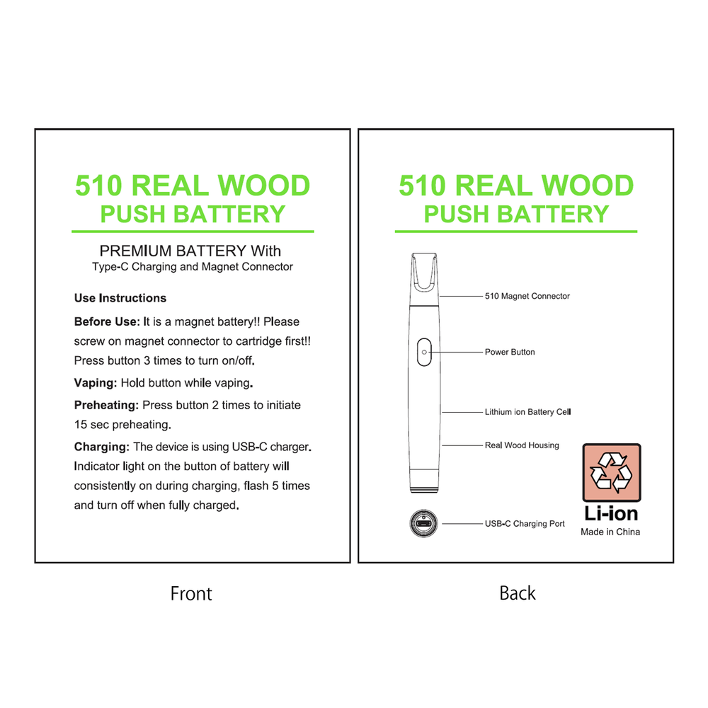CannBro 510 Wood Design Button Vape Battery - Real Wood Housing with  Preheat Function
